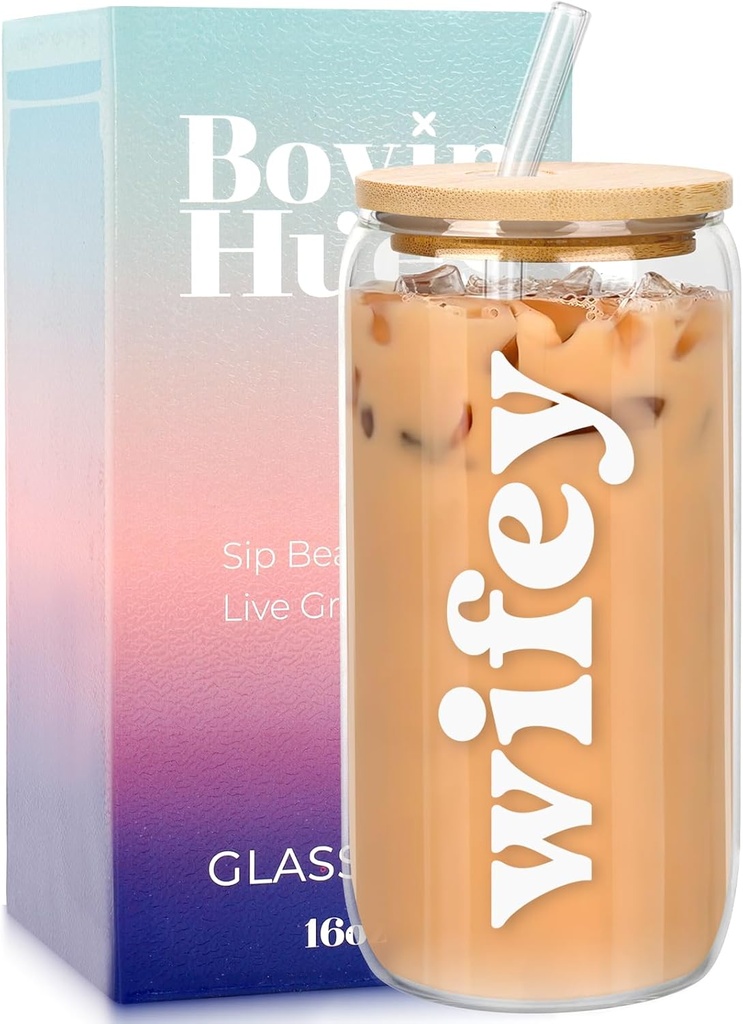 Wifey Cup - Cute Bride Gift for Wife, Mrs, Bride to Be - Wedding, Bridal Shower, Engagement & Bachelorette Party Gifts - 16oz Glass Cup w/Lid and Straw