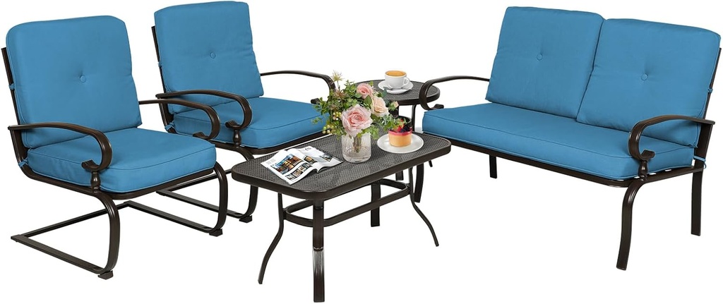 Oakcloud 5Pcs Metal Outdoor Furniture Patio Conversation Set (Loveseat, Coffee Table and Bistro Table, 2 Spring Chair) -Wrought Iron Patio Chair Set with Cushions (Blue)