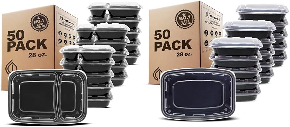 Freshware 50-Pack Meal Prep Containers 2 & 1 Compartment Bento Boxes with Lids, 28 oz Food Storage, BPA Free