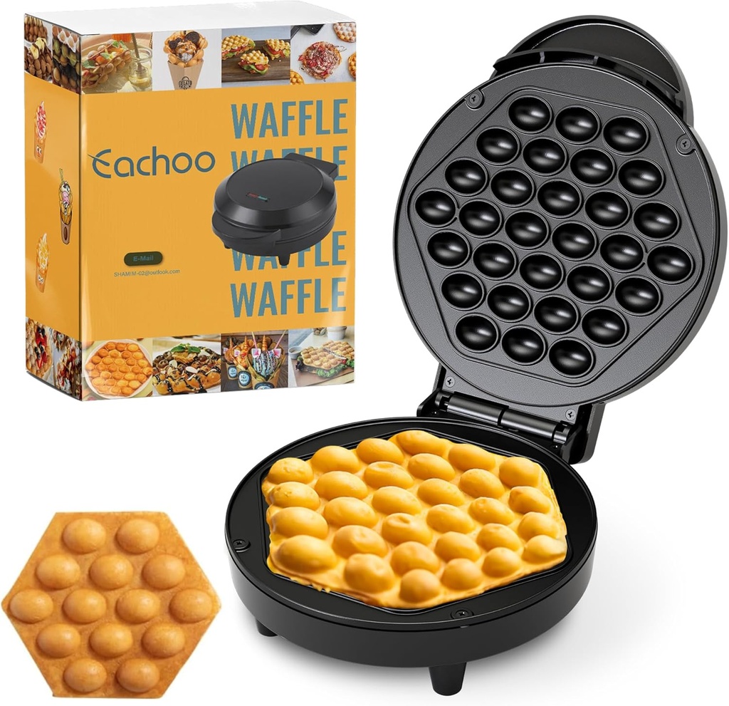Bubble Waffle Maker - 1000W Electric Non stick Egg Waffler Iron Griddle w/Ready Indicator Light - Ready in under 5 Minutes- Free Recipe Guide Included, Make Delicious Waffle Ice Cream Cones, Gift