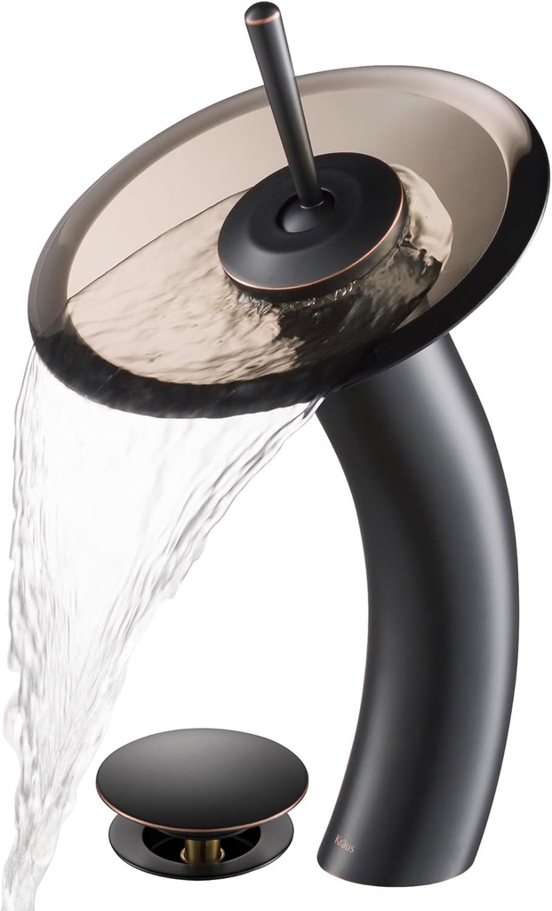 KRAUS Tall Waterfall Bathroom Faucet for Vessel Sink with Clear Brown Glass Disk and Pop-Up Drain, Oil Rubbed Bronze KGW-1700-PU-10ORB-BRCL