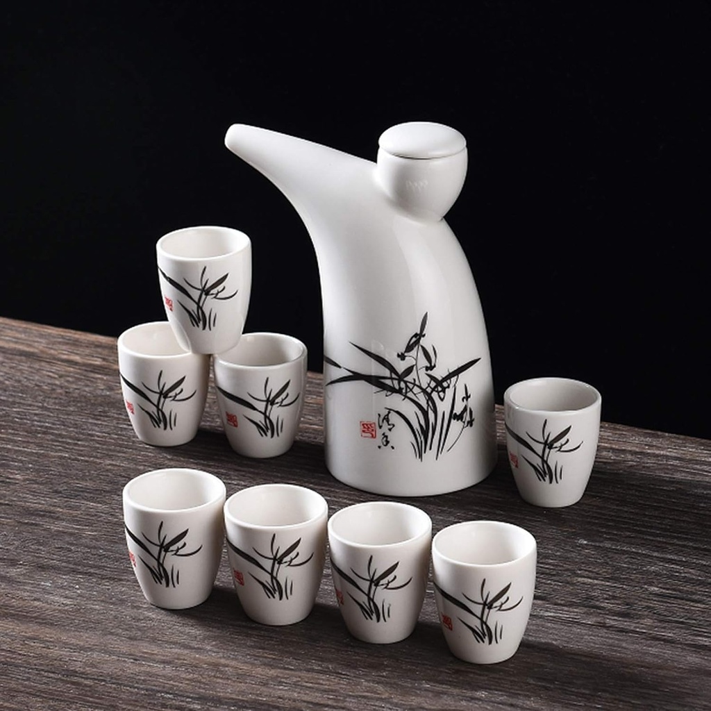 Japanese Sake Cup Set 9 Piece Traditional Ceramic Crafts Cups with 1 Sake Serving Bottle and 8 Sake Cups,Landscape