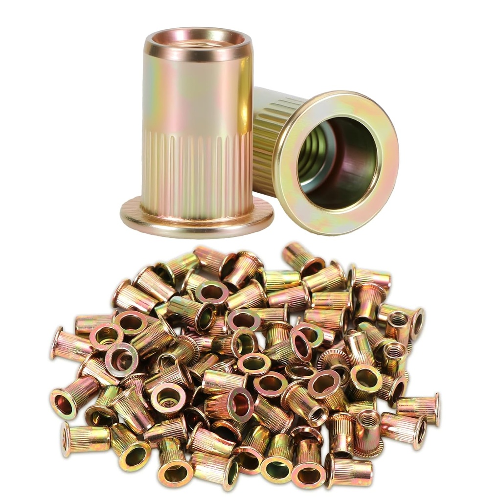 HARDELL 1/4-20 Rivet Nut, 84Pcs Carbon Steel Zinc Rivet Nuts - Zinc Plated Finish Rivnut Set Flat Head Nutsert for Home, Automotive, Marine & Industrial Use, Knurled Body