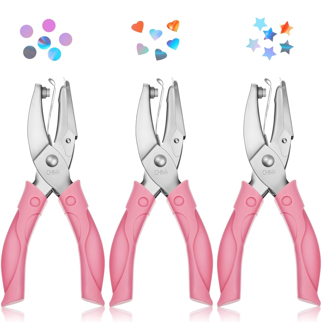 Zonon 3 Pcs Hole Punch Shapes Single Hole Paper Punchers for Crafts Handheld Metal Punch with Soft Grip 1/4" 3/16" Round Heart Star Holes for DIY Tags Ticket Scrapbook