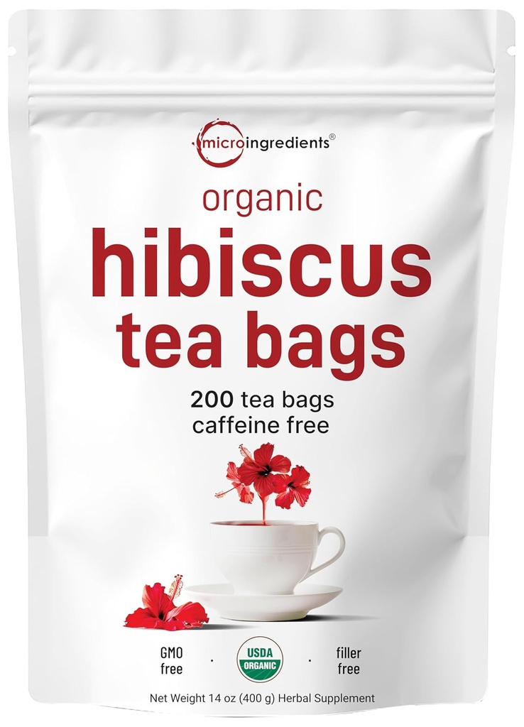 Organic Hibiscus Tea Bags, 200 Count | Premium Source from Hibiscus Flowers | Caffeine Free Herbal Tea | Eco-Friendly Hemp Paper Tea Bags | Non-GMO, No Sugar