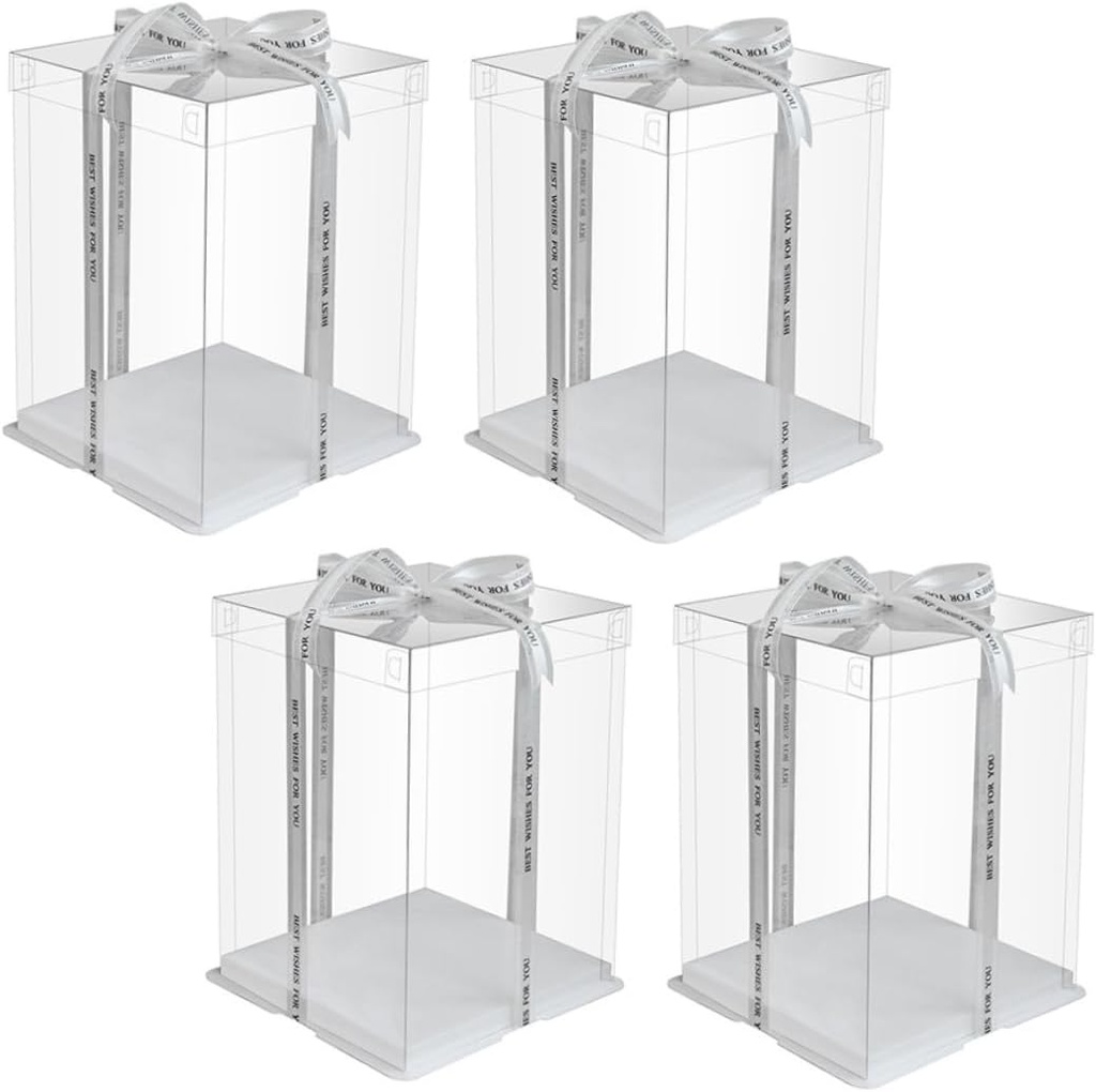 Cabilock 4 Pcs Clear Transparent Cake Boxes Portable Birthday Cake Packaging Containers with Ribbon Food Safe Storage for Desserts and Party Gifts