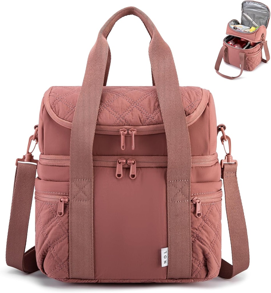 NOL Natural Organic Lifestyle Lunch Bag for Women - Large Double Deck Insulated Lunch Box Leakproof Reusable Lunch Cooler Puffer Lunch Tote Bag with Multiple Pockets for Work Picnic, Dark pink