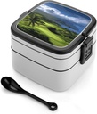 Stackable Double-Layer Bento Box Scenic Hawaii Golf Tropical Adults Lunchbox with Spoon Cute Japanese Bento Box Dishwasher Safe for Work Travel Dining Outc