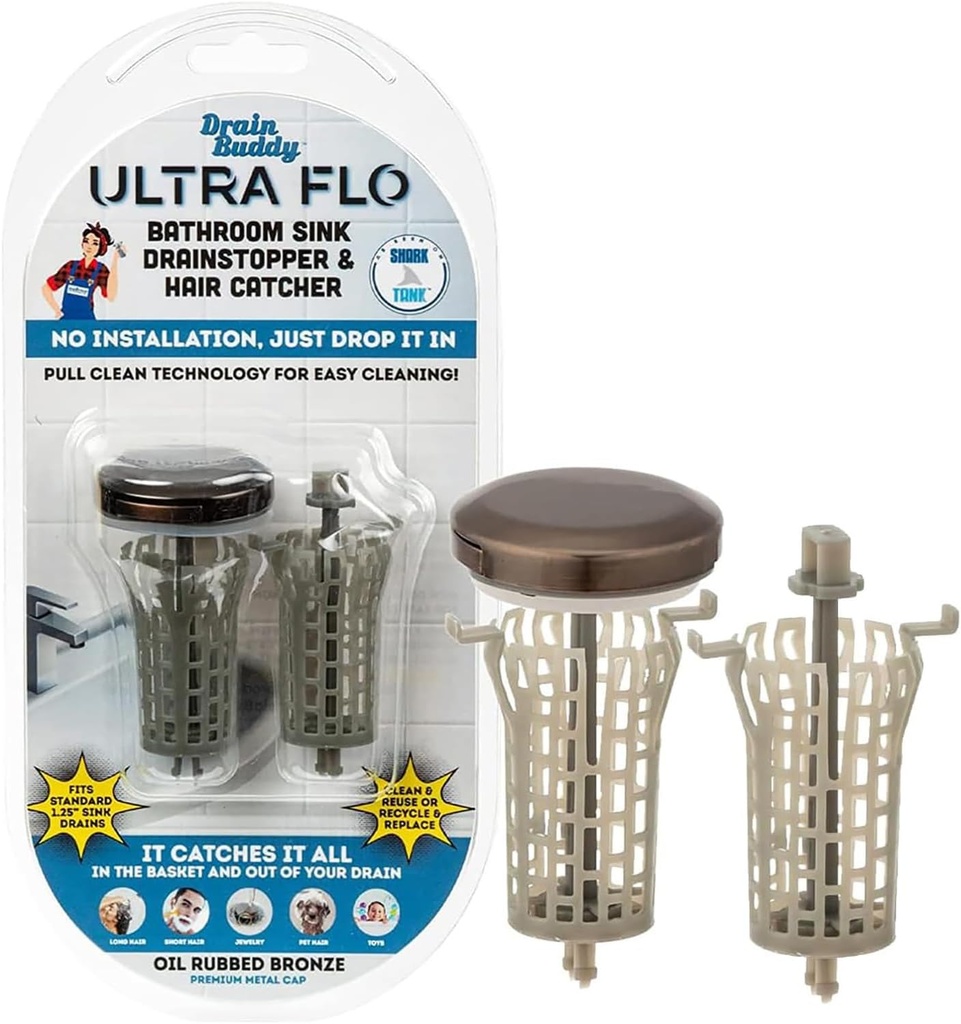 Drain Buddy Ultra Flo- 2 in 1 Bathroom Sink Stopper & Hair Catcher W/Patented Pull Clean Technology! | Fits 1.25” Sink Drains, Clog Preventing | Oil Rubbed Bronze Metal Cap / 1 Replacement Basket
