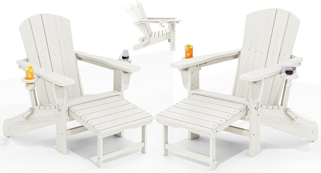 KINGYES Folding Adjustable Adirondack Chair with Ottoman & 2 Cup Holders Set of 2, HDEP Multifunctional Adirondack Chair with Footrest, White