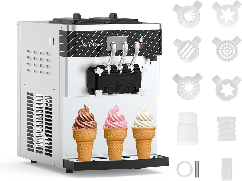 3 Head Commercial Soft Serve Ice Cream Machine, 2450W Countertop with Digital Display & 1.6Gal Tank, 5.3-7.4 Gal/Hour High Output, White, for Restaurants Snack Bars Business Use