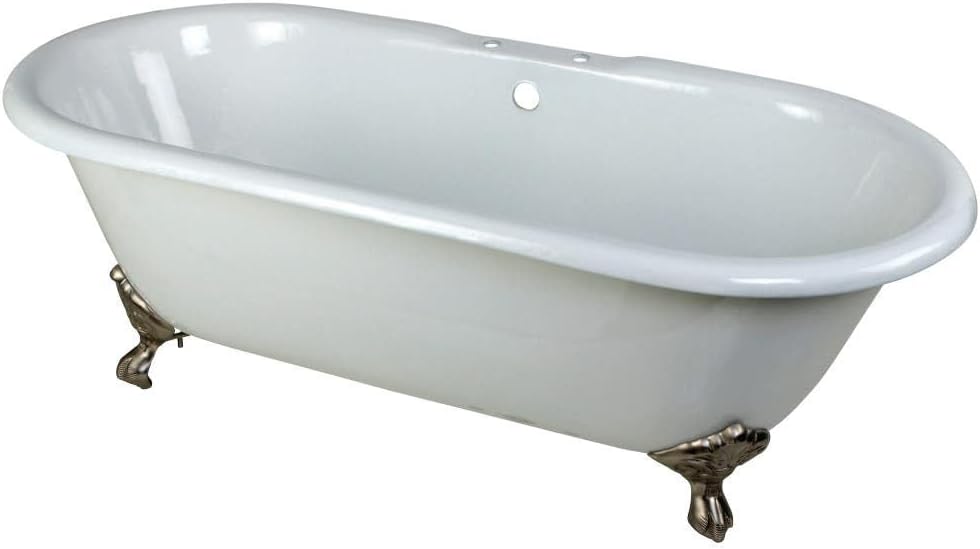 Kingston Brass Aqua Eden VCT7D663013NB8 Cast Iron Double Ended Clawfoot Bathtub with Brushed Nickel Feet and 7-Inch Centers Faucet Drillings, 66-Inch, White