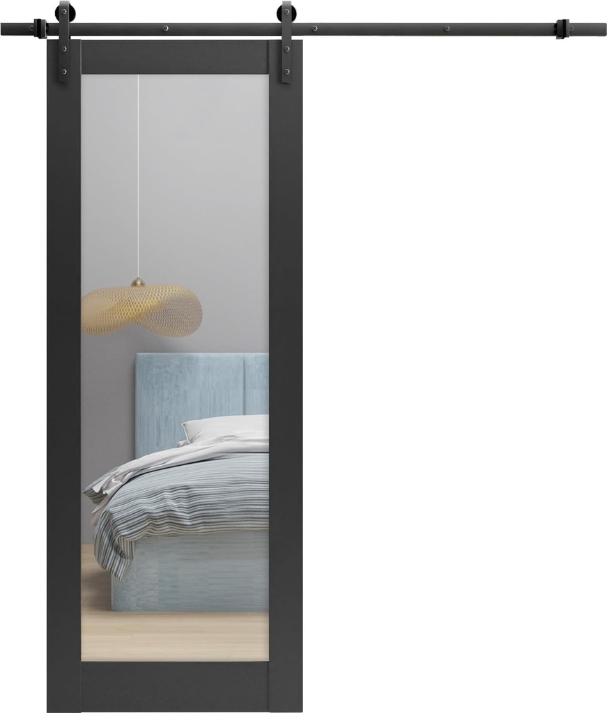 Sturdy Barn Door 28 x 96 inches | Lucia 1299 Matte Black with Mirror | 8FT Rail Hangers Heavy Hardware Set | Solid Panel Interior Door