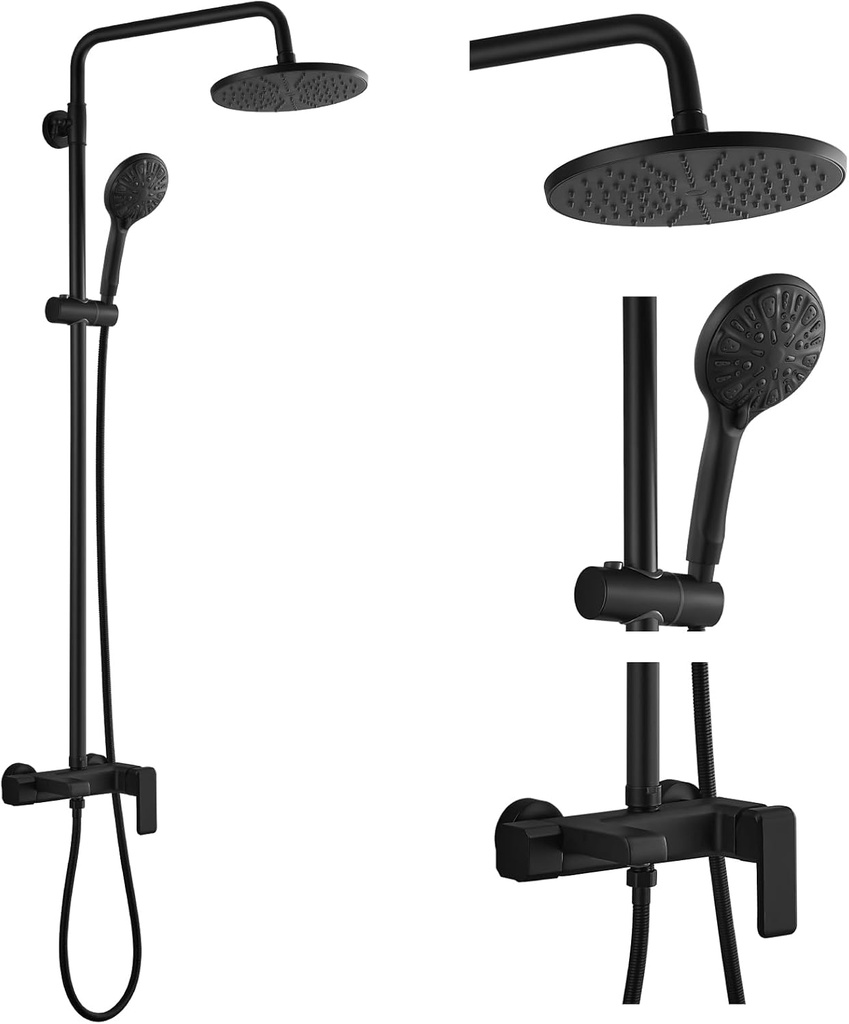 gotonovo Matte Black Exposed Shower Fixture Faucet Set Triple Function 8 Inch Rainfall Showerhead and Tub Spout Shower System Combo Unit, Multi Functional ABS Handheld