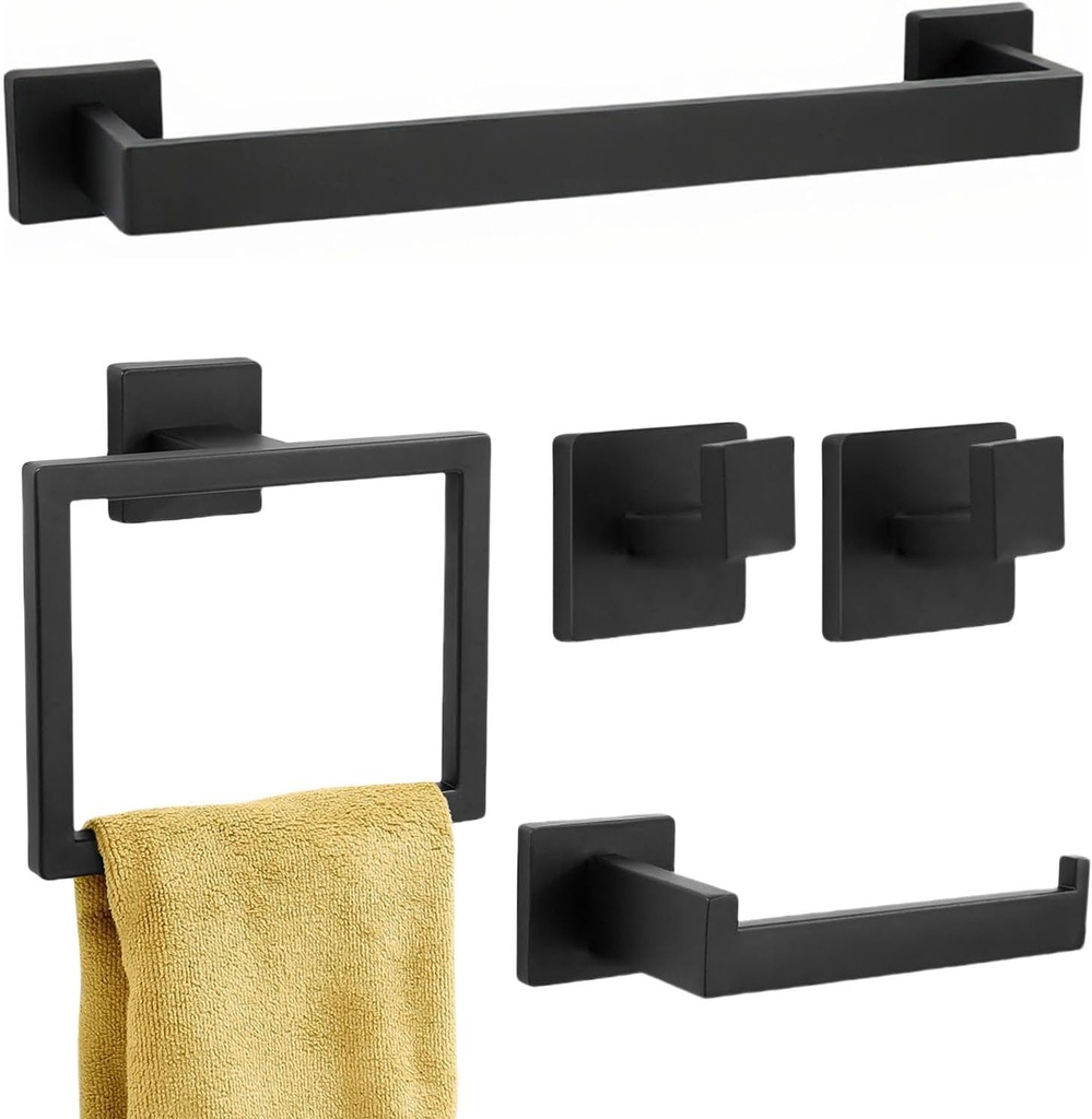 5-Piece Matte Black Bathroom Hardware Accessories Set - 16 Inch Stainless Steel Wall Mounted Towel Rack, Toilet Paper Holder, Towel Ring & 2 Hooks, Bathroom Organizer and Storage