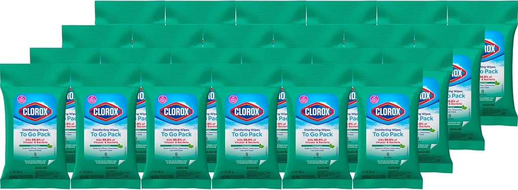 Clorox Disinfecting Wipes To Go Pack, Bleach Free, Fresh Scent, 9 Count, Pack of 24 (Pack May Vary)
