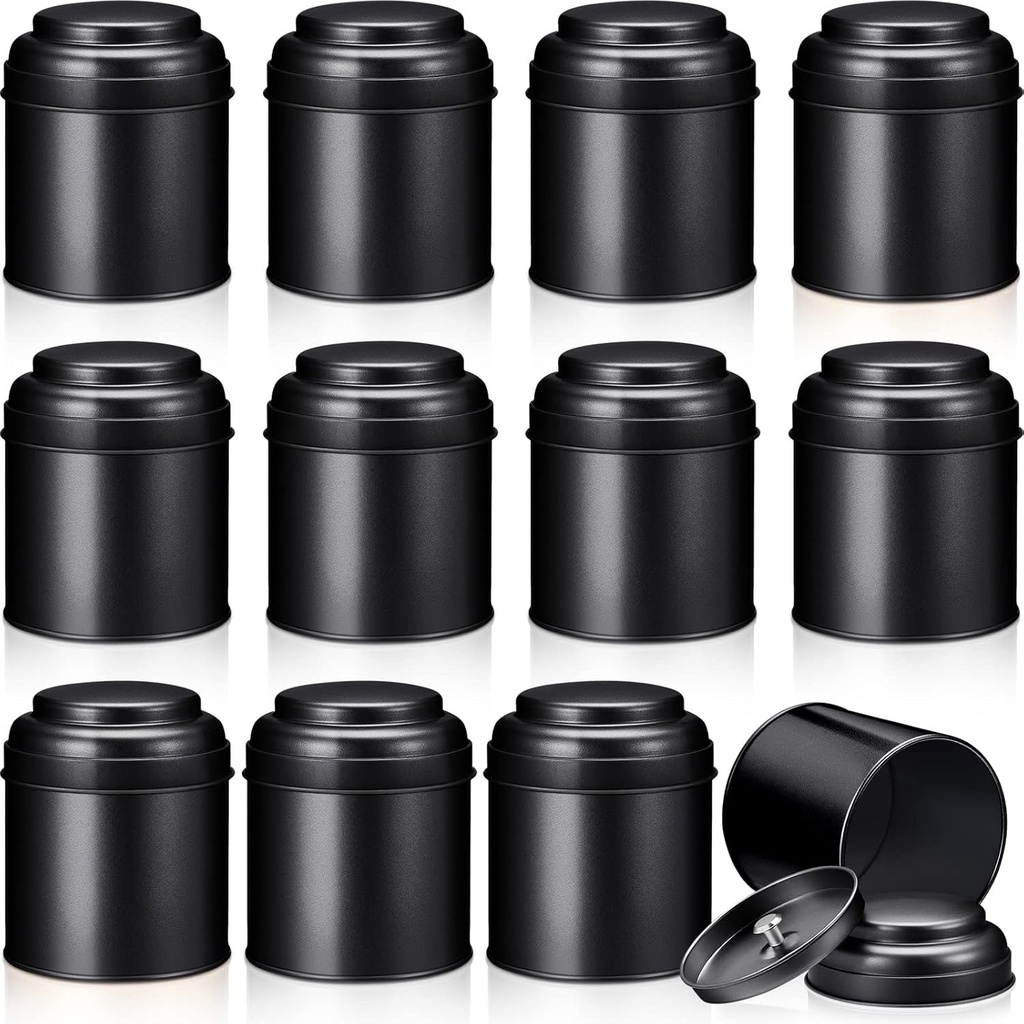 Meanplan 12 Pcs Tea Tin Canister with Airtight Double Lids Round Tin Can Box Small Kitchen Tea Canister Loose Leaf Storage Containers for Loose Bags Coffee Sugar Candy Spices(Black,8 oz)