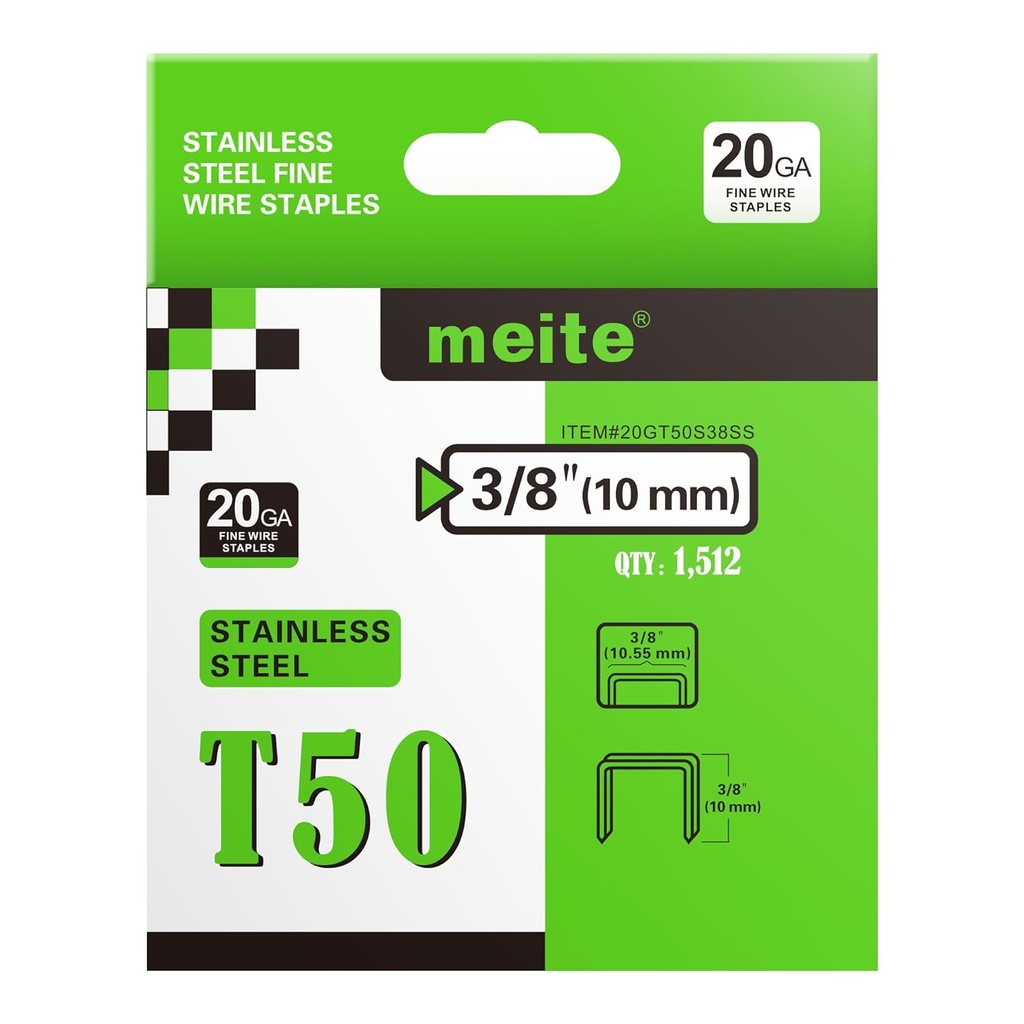 meite T50 Stainless Steel Staples Marine, 3/8 Inch Heavy Duty Staples for Staple Gun - 1512 Counts, 20 Gauge 3/8 Inch Crown T50 Upholstery Staple for Marine Applications