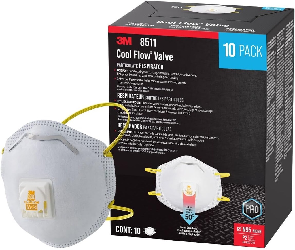 3M N95 Respirator 8511, 10 Pack, NIOSH-APPROVED N95, Features 3M COOL FLOW Exhalation Valve, Relief From Dusts & Certain Particles During Sanding, Pollen, Mold Spores, Dust Particles (8511DB1-A-PS)
