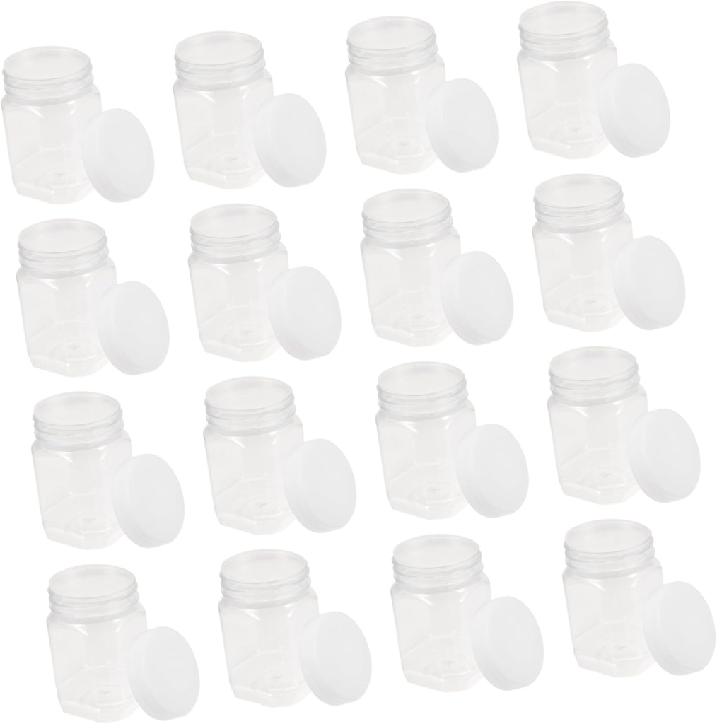 16pcs Transparent Plastic Honey Storage Bottles Square Food Containers with Airtight Lids for Jam Food Spices and More
