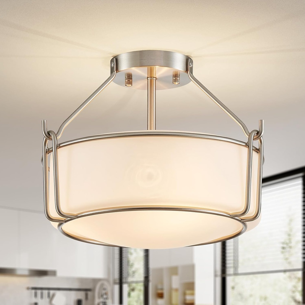 WUZUPS Chandelier 3-Light Semi-Flush Mount Ceiling Light Frosted White Glass Shade Modern Lighting Fixture for Diningroom Hallway Kitchen Bathroom, H 10" x W 14.8", E12 Base, Brushed Nickel