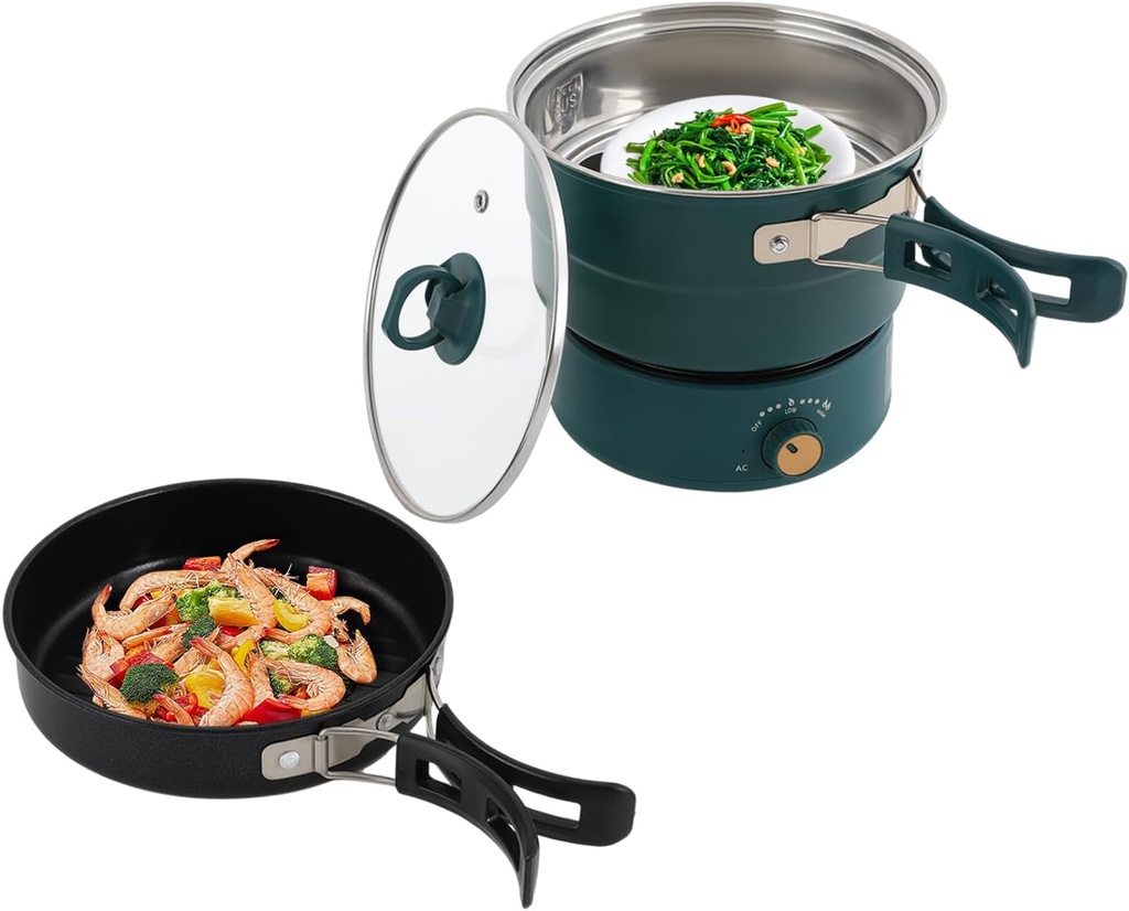 Electric Cooker,Portable Electric Hot Pot with Foldable Handles,Mini Hot Pot,Multifunctional Ramen Noodle Cooker w/Steamer,Non-stick Frying Pan for Pasta,Oatmeal,Soup,Steak Power Adjustment (Green)