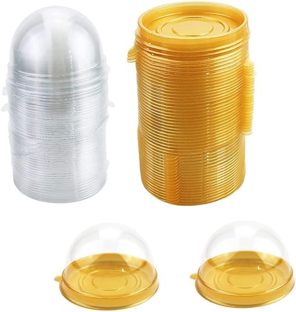 Clear Lid Packaging Boxes Mini Cake Container Flan Container Mooncake Dome Box Muffin Pod Holder Transparent Plastic Single with Golden Base 50PCS