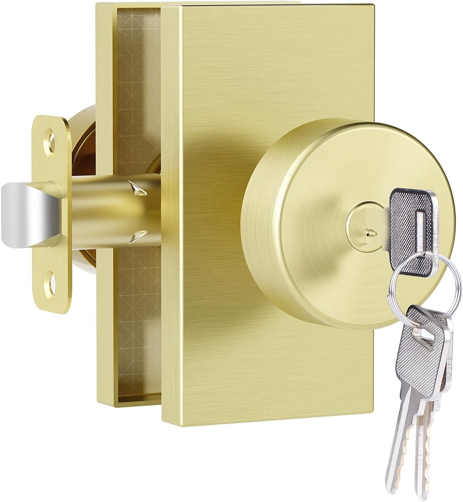 Keyed Alike Exterior Door Knob with Lock and Key - Reversible Heavy Duty Zinc Alloy Door Knobs for Entrance, Bathroom, Bedroom, Fits Standard Doors, Satin Brass (1-Pack)