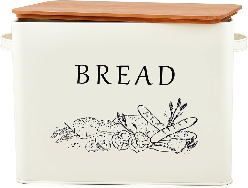 E-far Bread Box for Kitchen Countertop, Metal Bread Storage Container Bin with Bamboo Lid for Cutting Bread, Extra Large & Farmhouse Style, 13” x 7.2” x9.8”, Cream