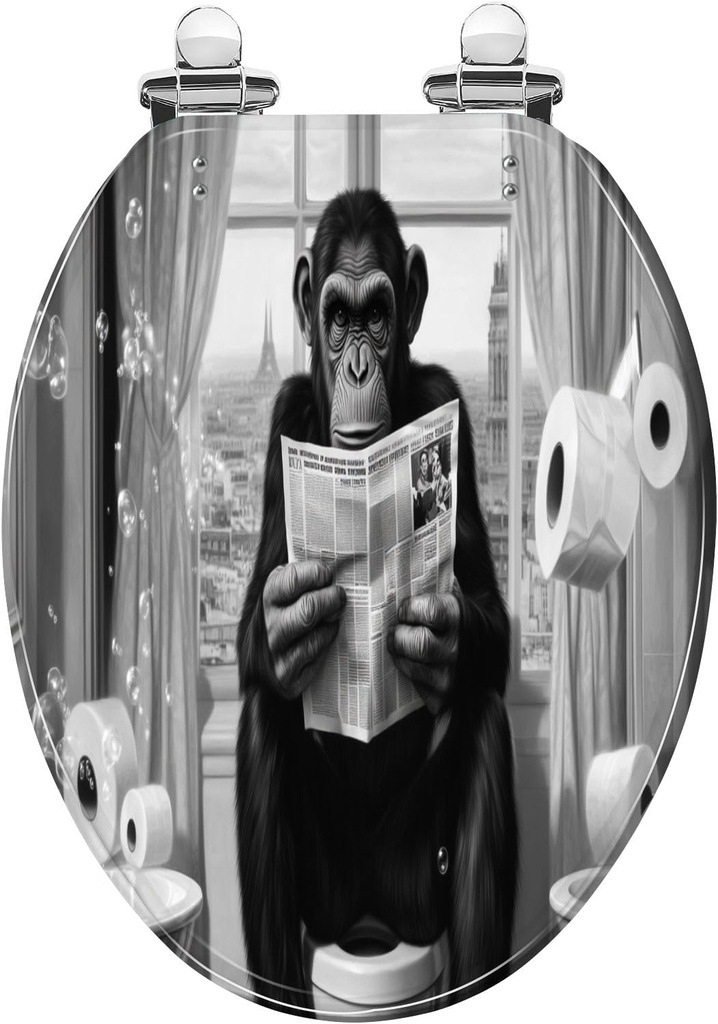 Elongated Toilet Seat Funny Monkey Black White Fun Chimpanzee Animal Toilet Gray Boys Men Art Resin Toilet Seat with Cover Easy to Install Quietly Close Quick Release Hinges Decorative