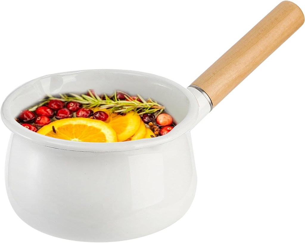 Jucoan 1 Quart Enamel Milk Pan with Dual Pour Spout, Small Enamel on Steel Saucepan Milk Pot Butter Warmer with Wooden Handle, Stove Top Soup Simmer Pot for Home Kitchen Cooking Heating Boiling