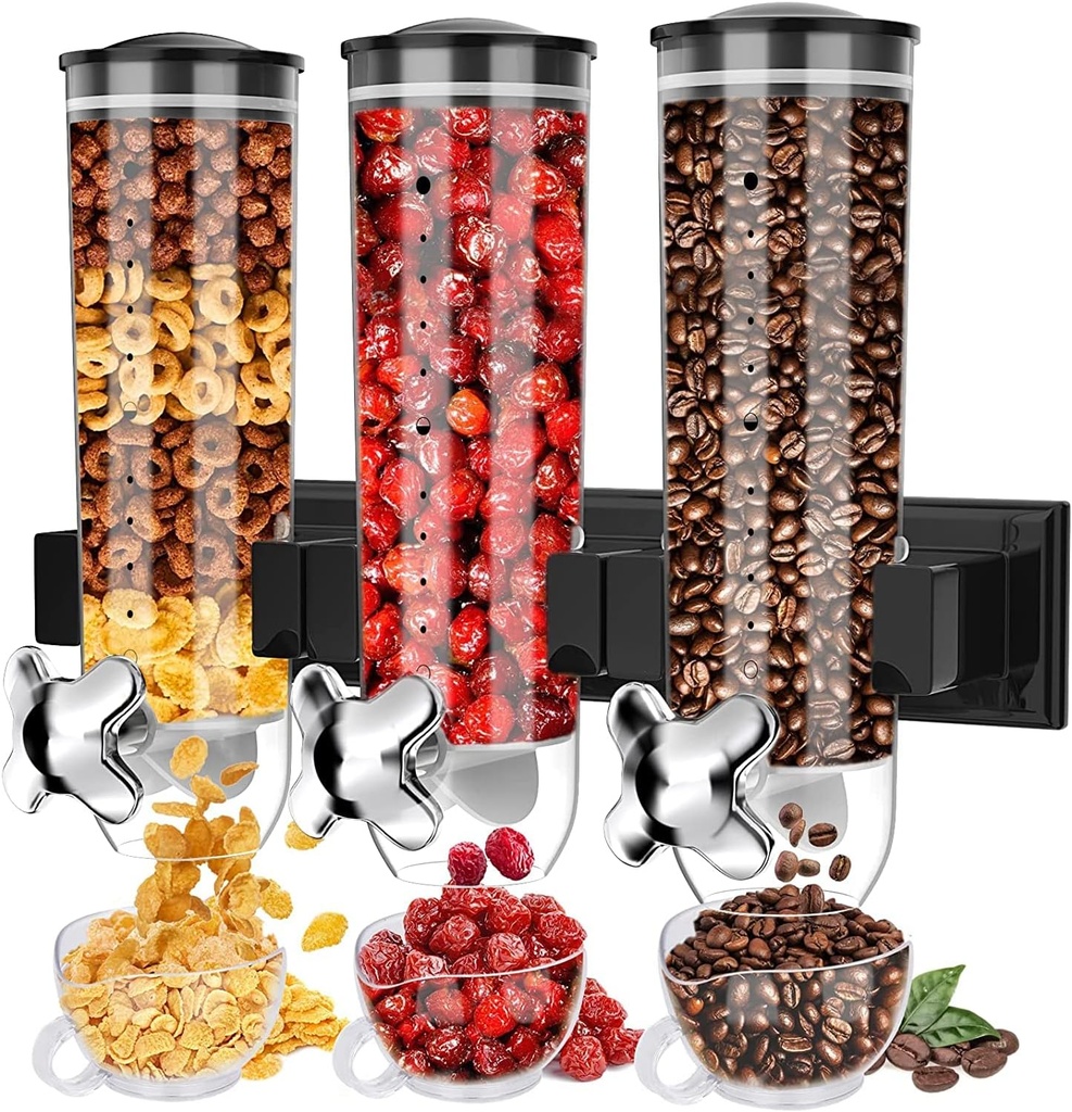 Triple Food Dispenser Wall Mounted Cereal Dispenser, Grains Dispenser Wall Mounted Dry Food Dispenser with 3 Cup, Candy Dispenser Snack Container for Kitchen Store Nut Coffee Beans 4.5L