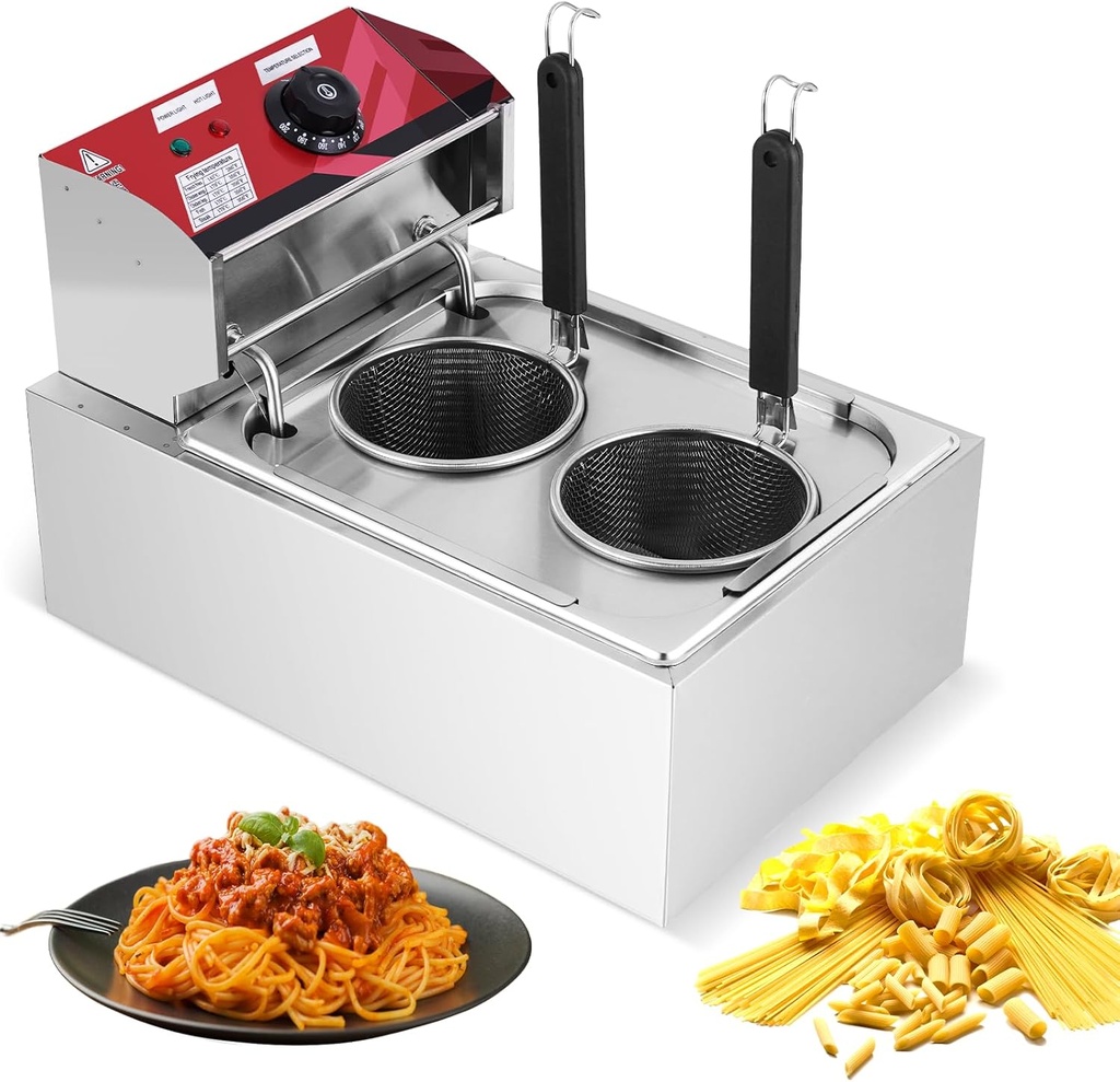 JIAWANSHUN Commercial Pasta Cooker, 2 Holes Electric Noodle Cooking Machine with Adjustable Temp (140-392°F), Stainless Steel Pasta Pot for Restaurant,Fast Cooking & Energy Saving 110V