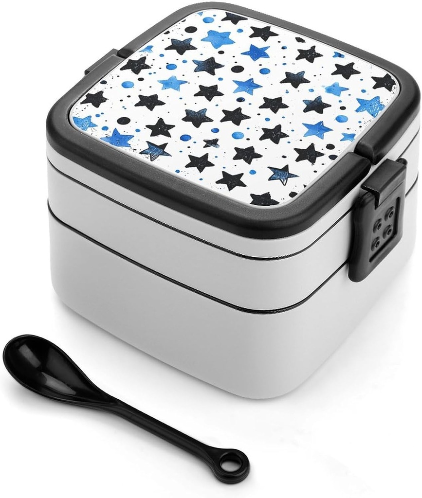 Stackable Double-Layer Bento Box Little Black Star Adults Lunchbox With Spoon Cute Japanese Bento Box Dishwasher Safe for Work Travel Dining Outc