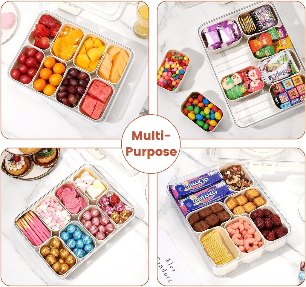 Divided Serving Tray with Lid and Handle,Snackle Box Container for Portable Snack Platters, Clear Organizer or Storage for Snacks,Fruits, Nuts and Candy,Suitable for Travel,Party,Picnic