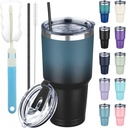 30 oz Tumbler with Lids and Straws, Stainless Steel Insulated Coffee Tumbler, Double Wall Vacuum Insulated Travel Mug Cup, Leakproof Thermal Coffee Cup for Hot and Cold Drinks (Blue Black)