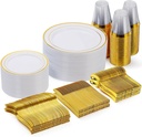 Goodluck 300 Pieces Gold Disposable Plates for 50 Guests, Plastic Plates for Party, Wedding, Dinnerware Set of 50 Dinner Plates, 50 Salad Plates, 50 Spoons, 50 Forks, 50 Knives, 50 Cups