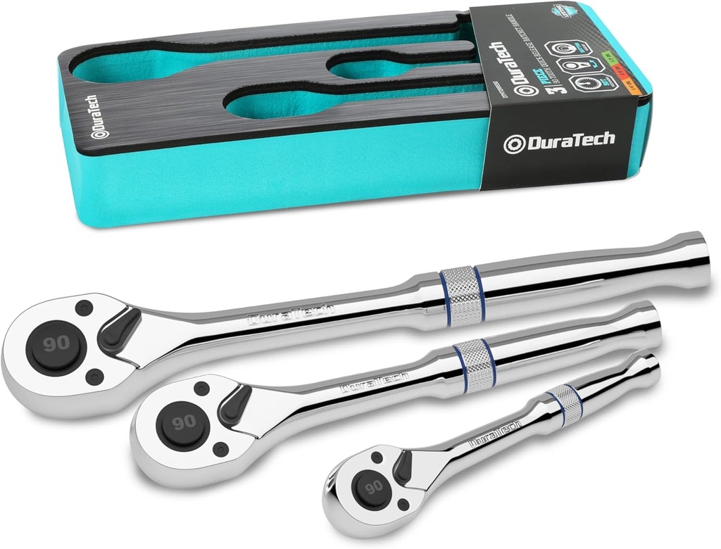 DURATECH 3-Piece Drive Ratchet, 1/4", 3/8", 1/2" 90-Tooth Quick-release Ratchet Wrench, Reversible, Chrome Alloy Made, Full Polished, Mens Stocking Stuffers Gifts for Men Gifts for Women Gifts for Dad
