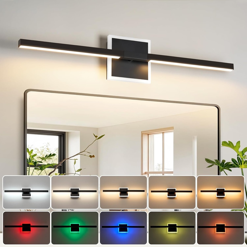 Bathroom Vanity Light Fixtures Over Mirror, Modern 5CCT Adjustable Led Vanity Lights Fixture with RGB Ambiance Lighting, 24 Inch Black Bar Bathroom Sconce Picture Lights for Wall