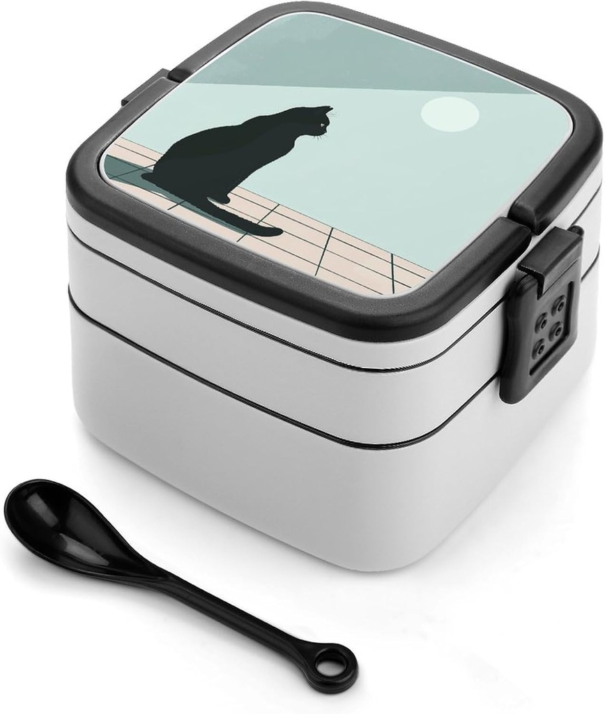 All-in-One Bento Box Stackable Leak-Proof Lunch Box With Carry Handle 2 Layer Portable Meal Prep Container A Black Cat Sits Lunchbox with Utensils for Dining Out Work