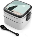 All-in-One Bento Box Stackable Leak-Proof Lunch Box With Carry Handle 2 Layer Portable Meal Prep Container A Black Cat Sits Lunchbox with Utensils for Dining Out Work