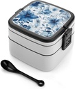 Blue Hand Drawn Flowers Bento Box Adult Lunch Box All-in-One Lunch Containers with Removable Compartments Double Layer Bento Lunch Box with Spoon And Handle Stackable Lunchbox