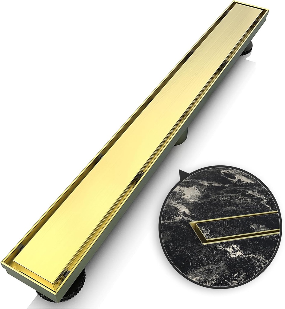 WEBANG 24 Inch Linear Shower Drain Rectangular Floor Drain with Accessories Reversible 2-in-1 Cover Tile Insert Grate Removable SUS304 Stainless Steel CUPC Certified Brushed Gold