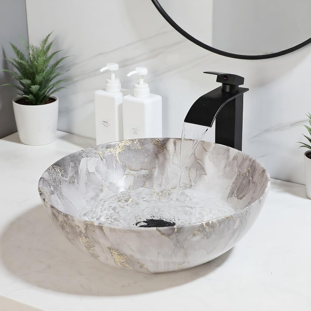 Marbling Small Vessel Sink With Black Faucet And Drain Combo Round Ceramic Basin Bowls Above Counter Bowl Sinks for Bathrooms Countertop Bathroom Sinks Gray With Gold