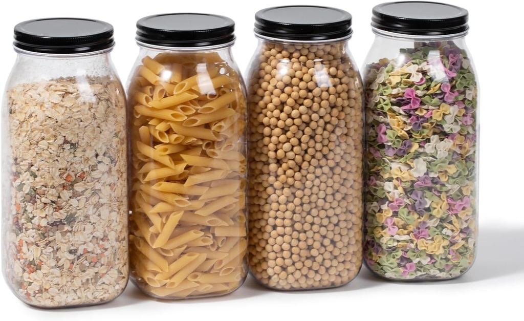 novelinks 64 oz Large Plastic Jars with Metal Lids - 4 Pack BPA-Free Clear Storage Containers for Pantry, Pickles, Sauces, Flour, Snacks - Leak-Proof Airtight Food Grade Jars for Kitchen (Black)