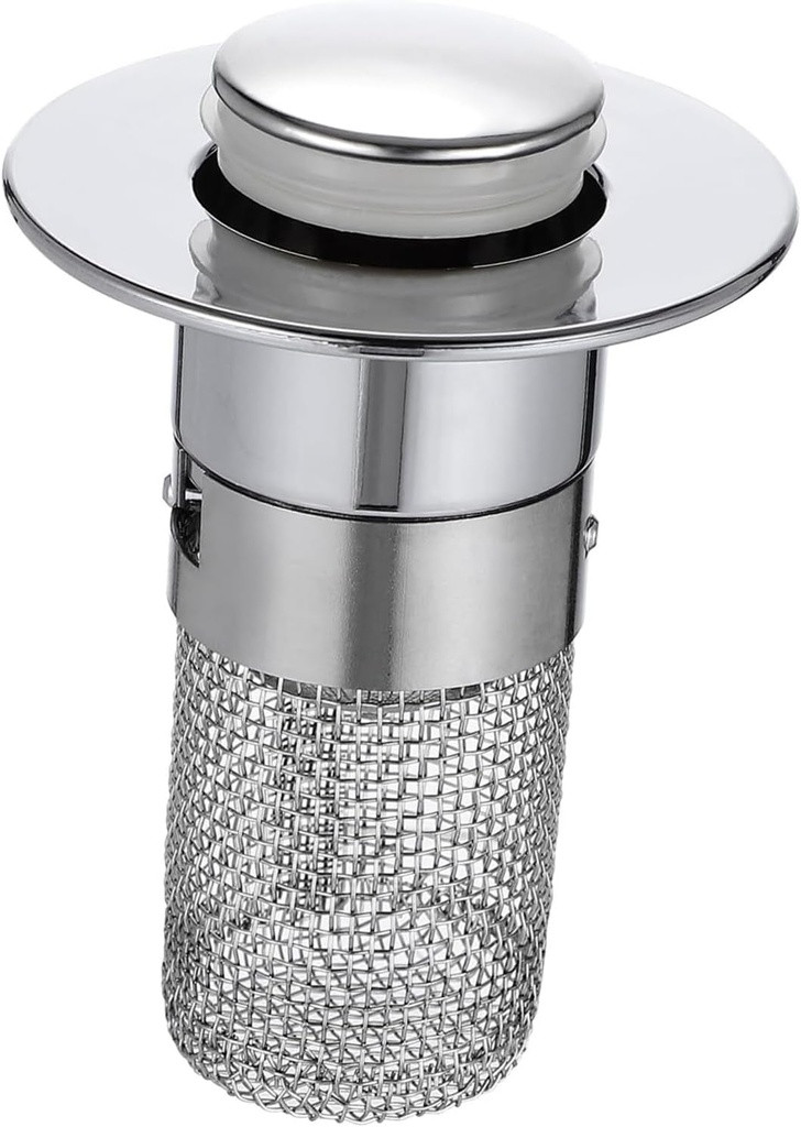 Push-Type Bathroom Sink Stopper with Hair Catcher - Upgraded Drain Filter for Clog Prevention - ABS & Stainless Steel Construction - Fits Standard Basin Drains