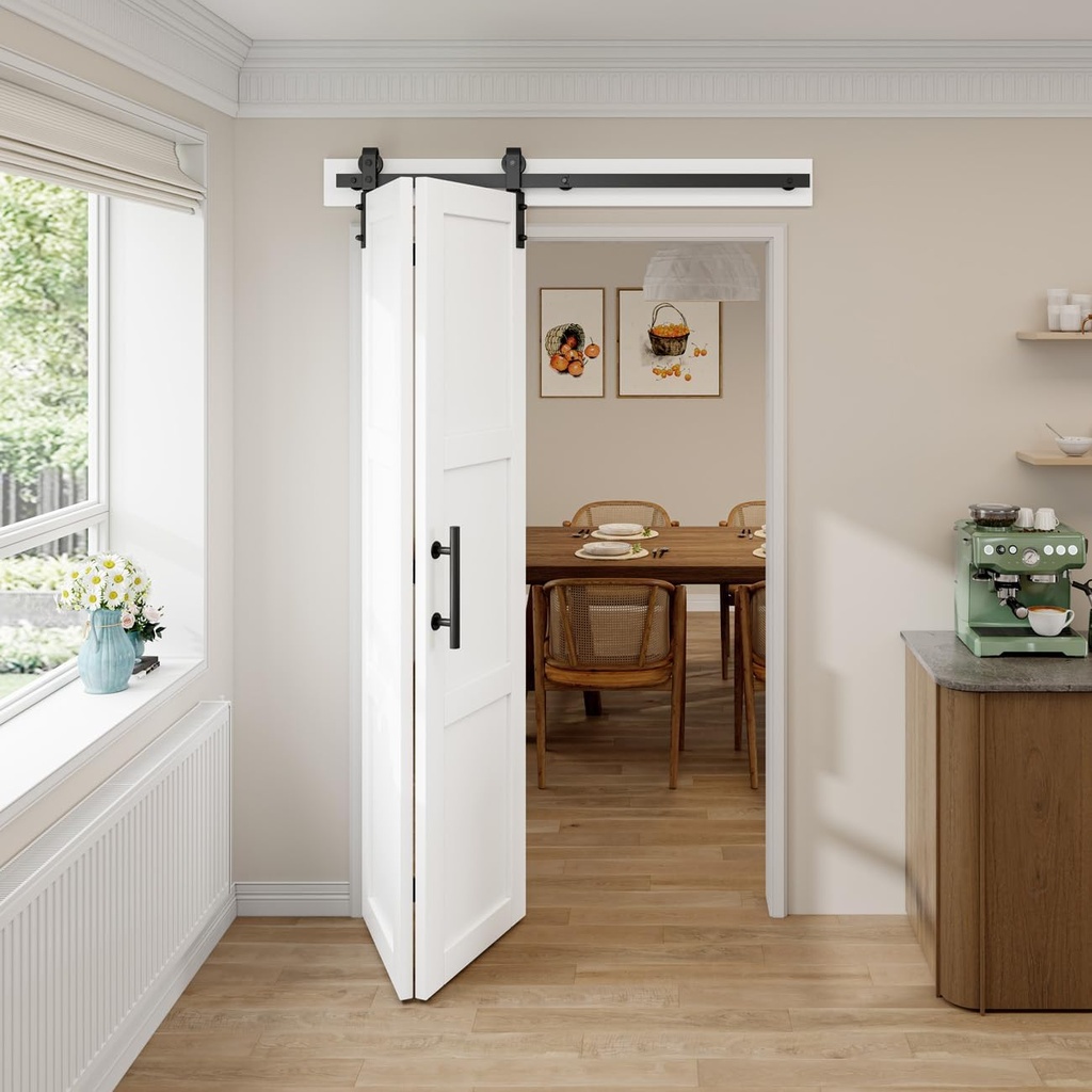 Bi-Fold Sliding Barn Door 30"（15" x2） x 84", White 3 Lites Wood MDF Doors, Bifold Sliding Hardware Kit Set&Handles, Pre-drilled Closet Door Slab, Waterproof PVC Skin, Assembled Doors