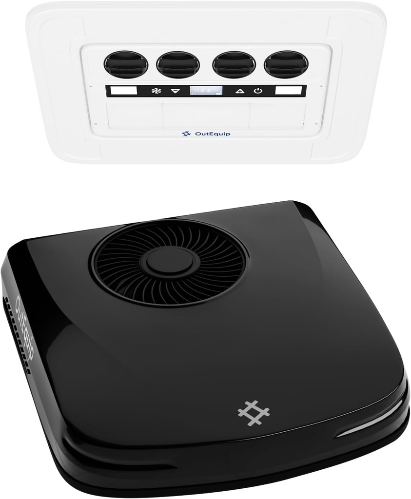 12V RV Rooftop Air Conditioner with Heater, 10,000 BTU Low Profile DC Air Conditioner – Quiet Battery Powered A/C for Camper, Van, Truck, Trailer, Boat – Sleek Black Housing