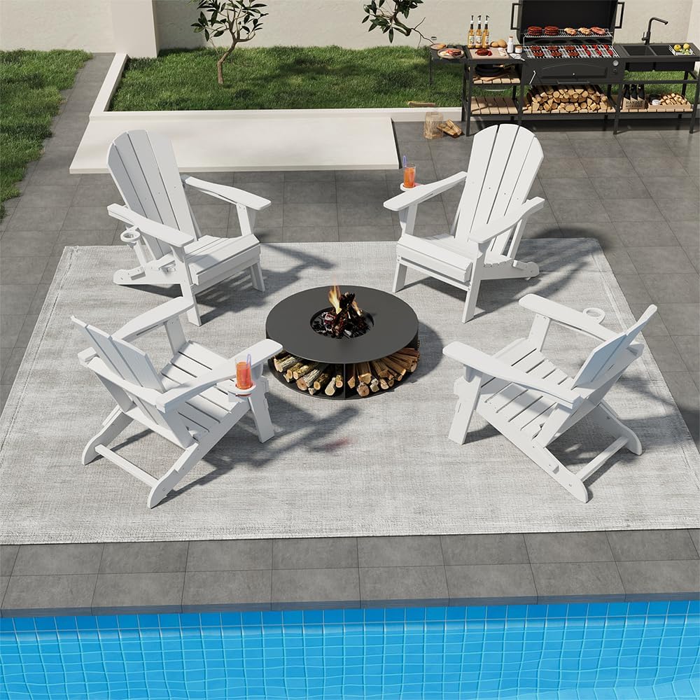 Folding Adirondack Chairs with Cup Holders, Set of 4 HDPE Plastic Outdoor Chairs, Weather Resistant, Real Wood Look, Heavy-Duty Patio Furniture for Deck, Fire Pit, Backyard, White