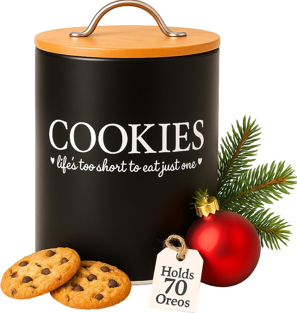 D'Lifeful Cookie Jar with Airtight Bamboo Lid – 0.6 Gallon Cute and Decorative Cookie Storage for Kitchen Countertop – Farmhouse Storage Tin for Freshness – Great Gift Idea